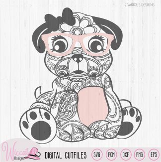 Paisley hipster Girl pug svg, doodle dog svg, zentangle pug svg,intricate cute dog, coloring dog, svg cricut, Scanncut fcm, vinyl craft
