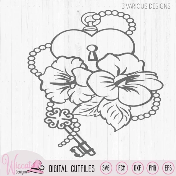 Hibiscus Flowers with key chain and heart lock, line art diy gift for Valentine, new home design, love cut file, cricut, Scanncut