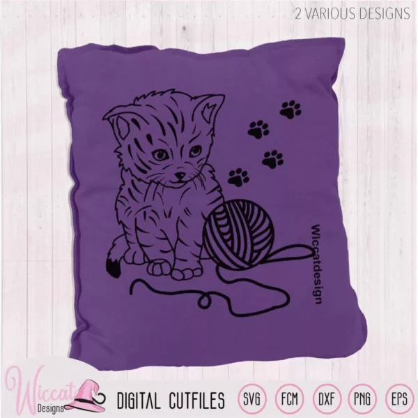 Cute Line art Kitten with wool svg, small cat design, pets svg, animals svg, scanncut fcm, svg cut file, dxf file, svg cricut, vinyl craft