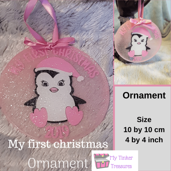 Christmas ornament, My first christmas pink penguin ornament, Glitter pink ornament, baby girl ornament, tree decoration,