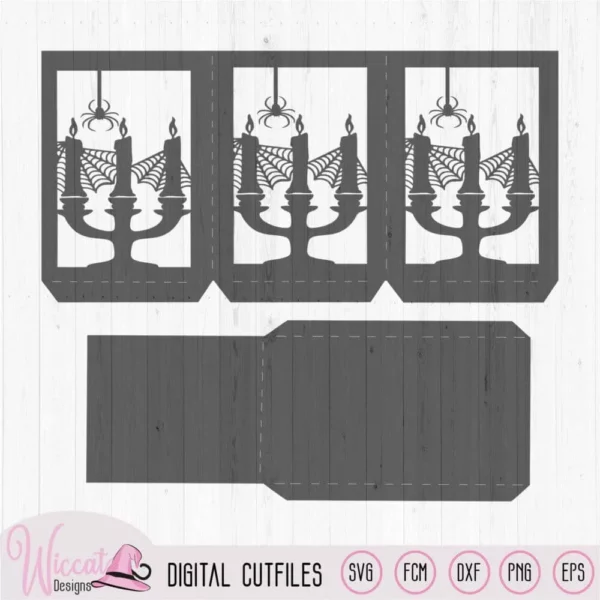 Spooky lantern, candles with bats and spiders, Halloween lantern template, scanncut fcm, paper craft, dxf file, cricut svg, halloween props