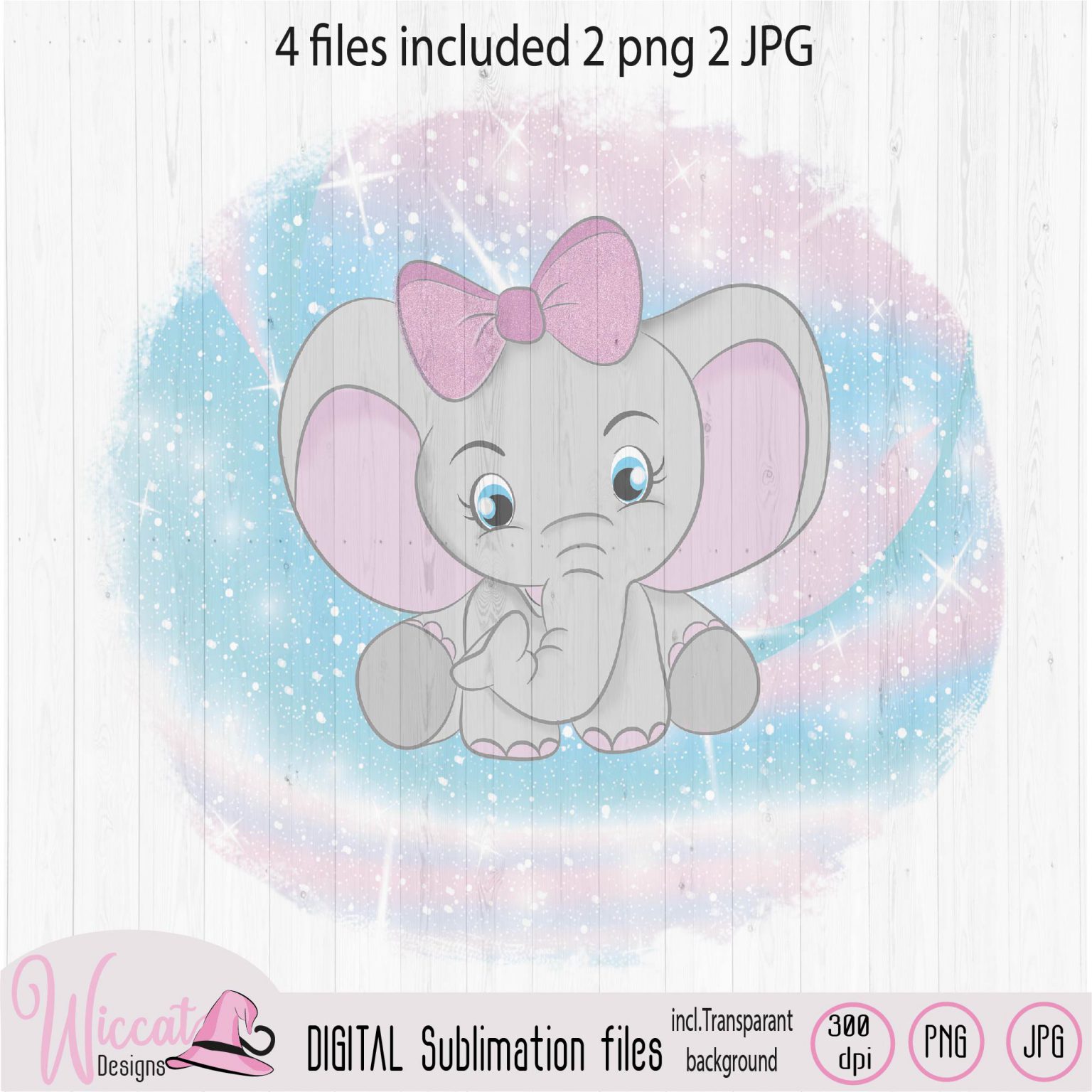 Baby girl elephant with pastel galaxy background