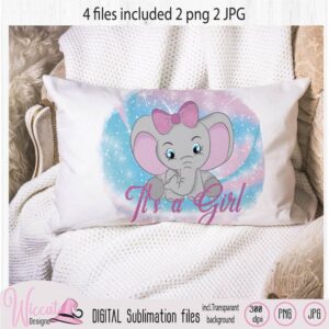 Baby girl elephant sublimation file, Big bow elephant png, Digital art download, Sublimation design, newborn jpg file, nursery clipart