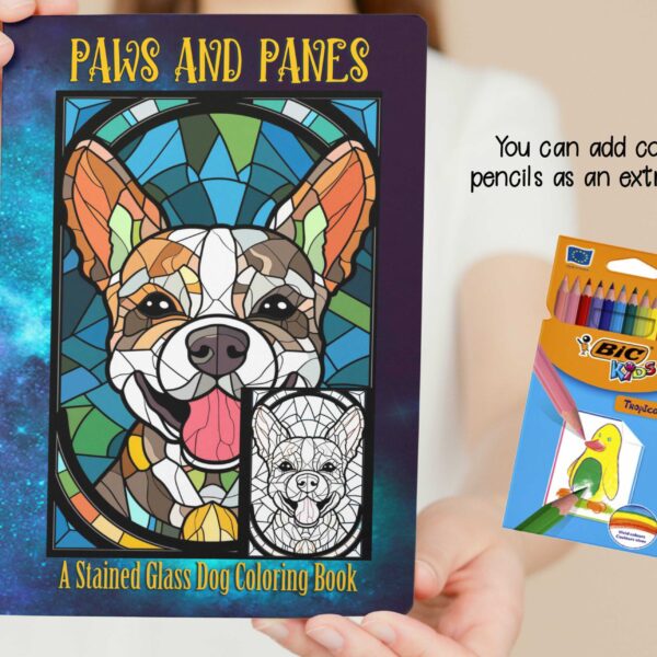 Paws and Panes: A Stained Glass Dog Coloring Book 8.5 x 11 inch coloring book with pencils