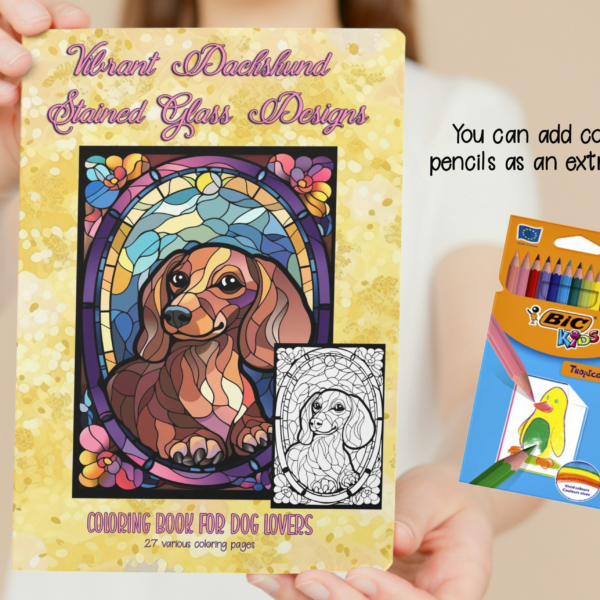 Dachshund Stained Glass Coloring Book: A Whimsical Canine Adventure 8.5 x 11 inch coloring book with pencils